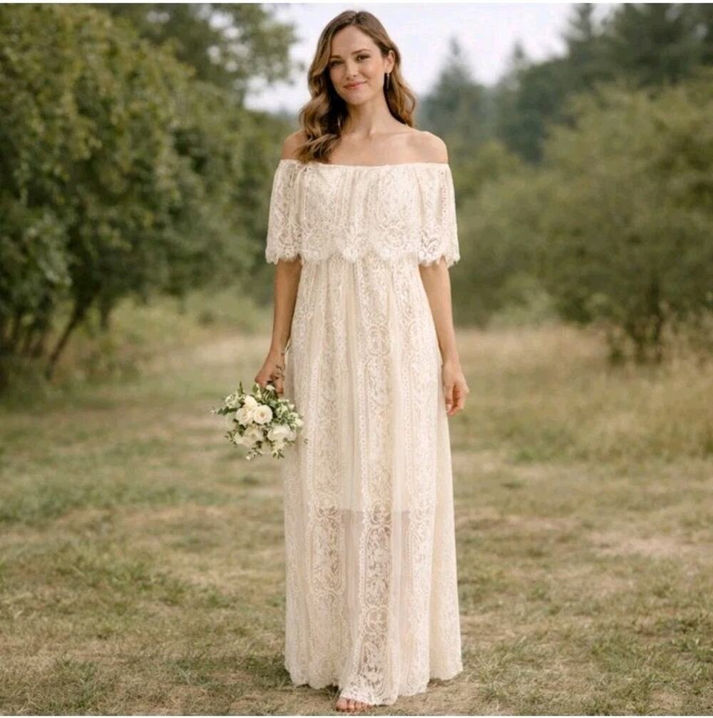 Baltic Born Maxi Dress Womens XL Off Shoulder Floral Lace Ivory Boho Bridal